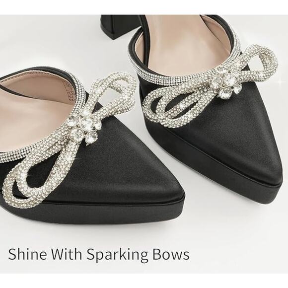 New Platform high heel almond toe ankle wrap around rhinestone bow satin 5.5 - Picture 11 of 16